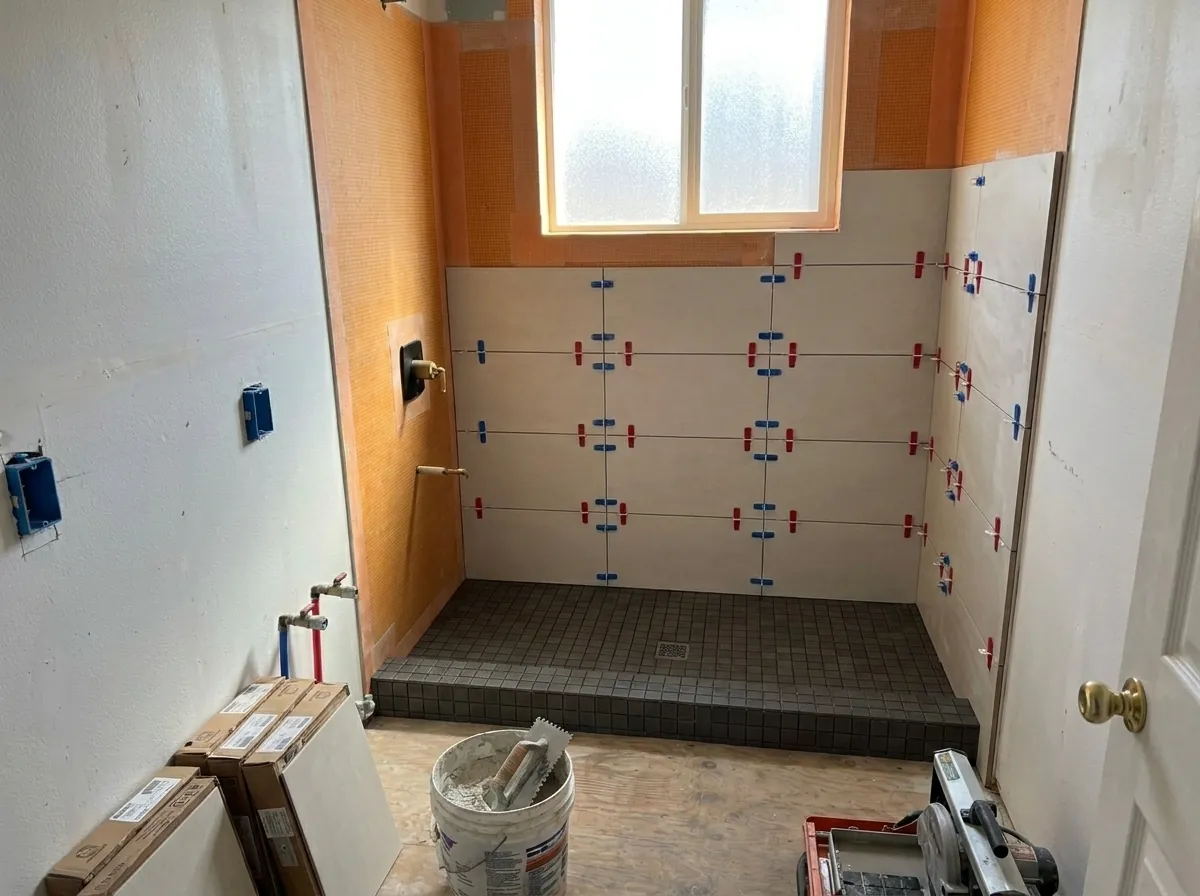 Large-format wall tile partly set with leveling clips, dark mosaic shower floor, tile boxes and a wet saw in the room.